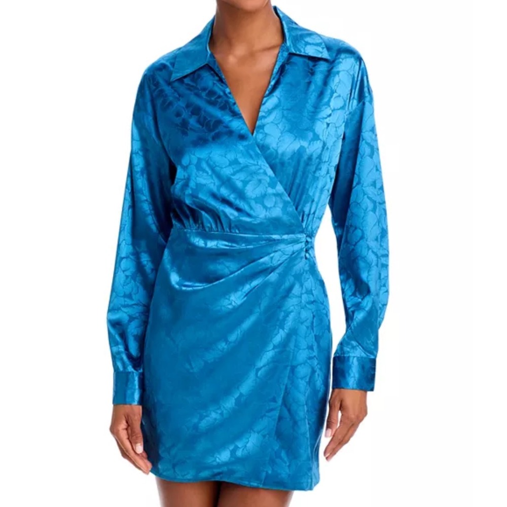 Aqua Blue Floral Print Long Sleeve‎ Mini Dress Shirt Dress XS